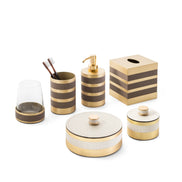 Pinetti Saturno Badeværelses-sæt – børsteholder & stor opbevaringsæske i satinbørstet messing og ægte italiensk læder