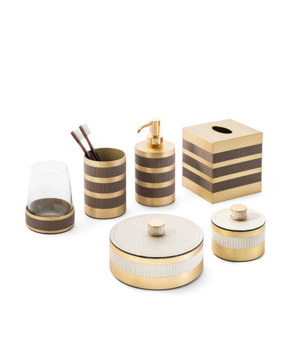 Pinetti Saturno Badeværelses-sæt – børsteholder & stor opbevaringsæske i satinbørstet messing og ægte italiensk læder