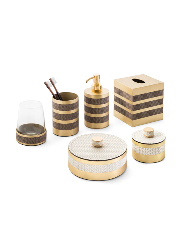 Pinetti Saturno Badeværelses-sæt – børsteholder & stor opbevaringsæske i satinbørstet messing og ægte italiensk læder