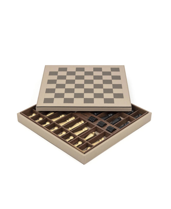 Pinetti Chess & Checkers Game Board – luksus 41 × 41 cm skak- og damespil i valnød & ægte læder