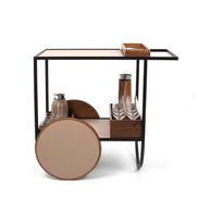 Pinetti – eksklusiv serveringsvogn i bruneret metalramme, valnødstræ, ægte læderhylder og 3 aftagelige bokse (88×56×H78 cm)