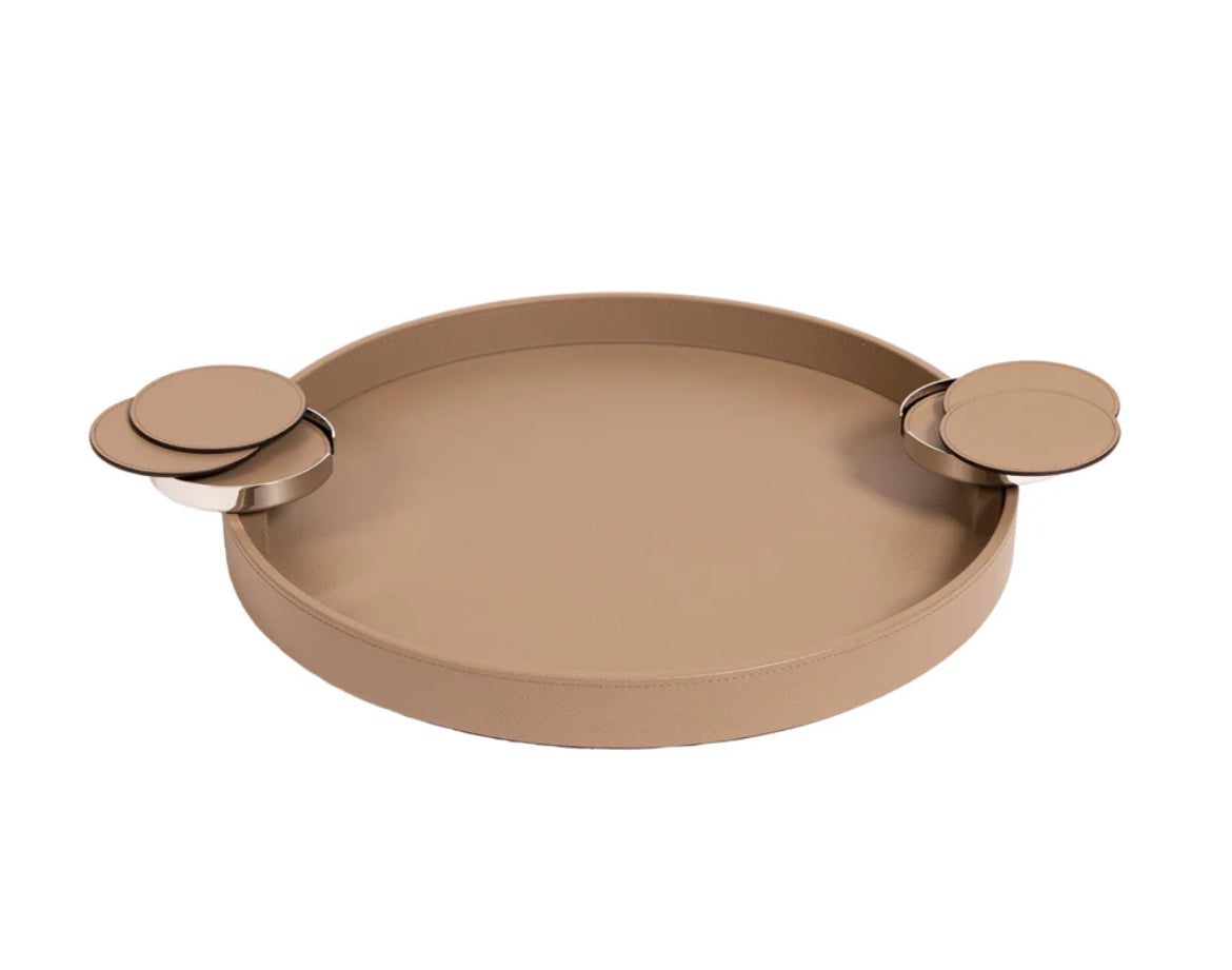 Pinetti Dioniso Rund Bakke – håndlavet i italiensk ægte læder med metal coaster-holdere (Ø 35/Ø 45 cm)