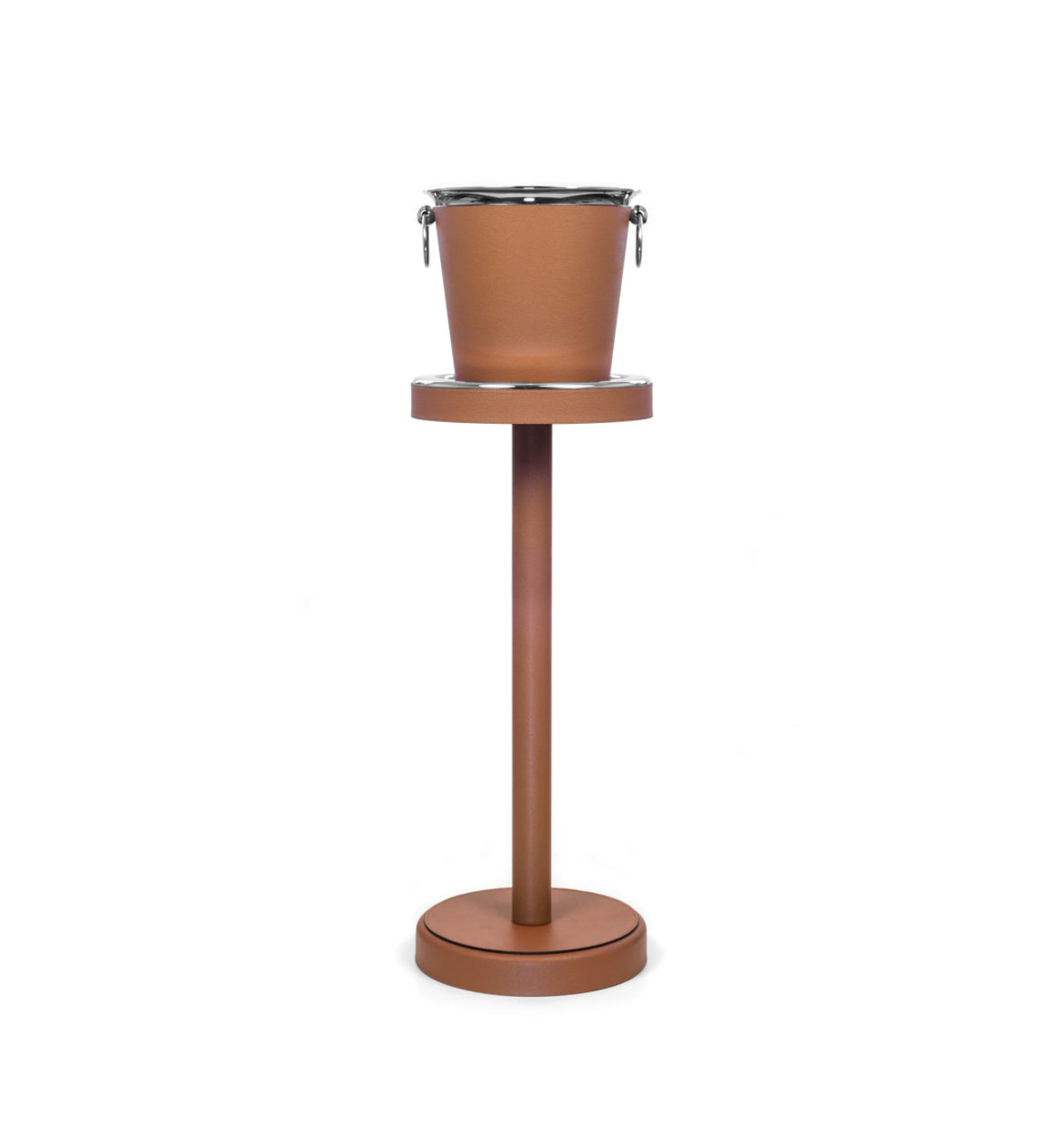 Pinetti – komplet is- og serveringssæt i børstet stål med ægte kalveskindslæder, stående Ø 27 × H 65 cm + champagnecooler