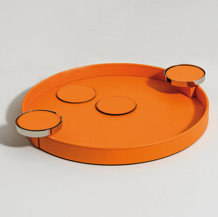 Pinetti Dioniso Rund Bakke – håndlavet i italiensk ægte læder med metal coaster-holdere (Ø 35/Ø 45 cm)