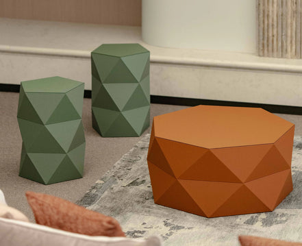 Pinetti Euclide Sofabord Ø 70 × H 32 cm – geometrisk design i genanvendt læder, håndlavet italiensk møbel