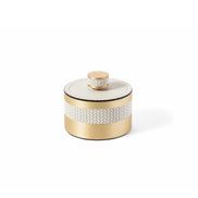 Pinetti Saturno Badeværelses-sæt – børsteholder & stor opbevaringsæske i satinbørstet messing og ægte italiensk læder