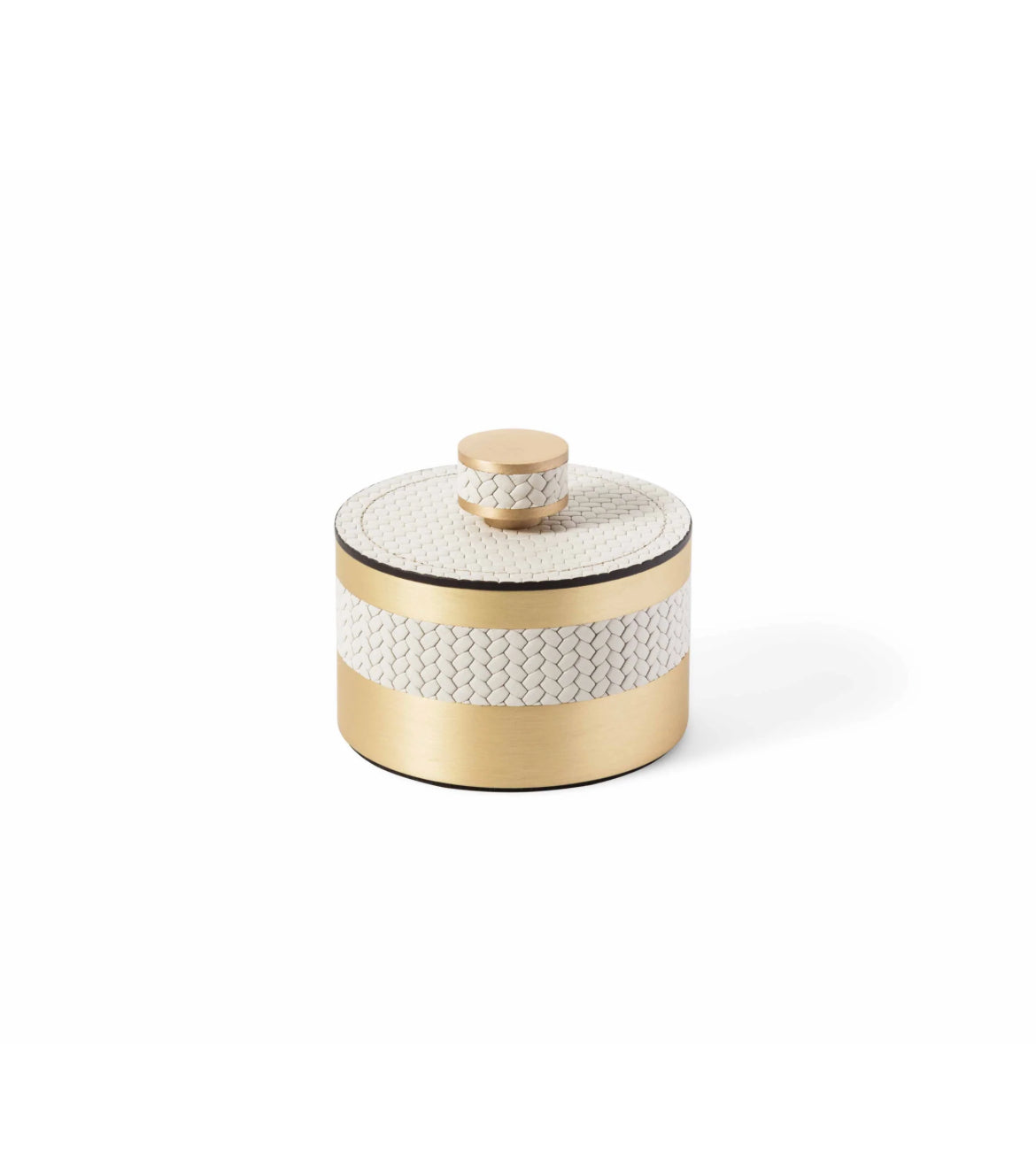 Pinetti Saturno Badeværelses-sæt – børsteholder & stor opbevaringsæske i satinbørstet messing og ægte italiensk læder