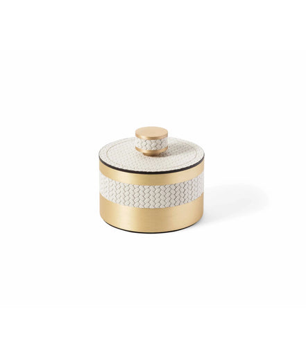 Pinetti Saturno Badeværelses-sæt – børsteholder & stor opbevaringsæske i satinbørstet messing og ægte italiensk læder