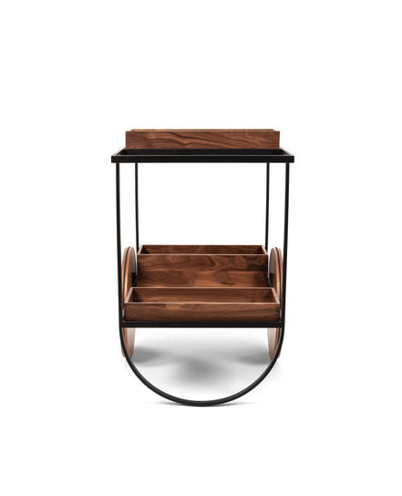 Pinetti – eksklusiv serveringsvogn i bruneret metalramme, valnødstræ, ægte læderhylder og 3 aftagelige bokse (88×56×H78 cm)