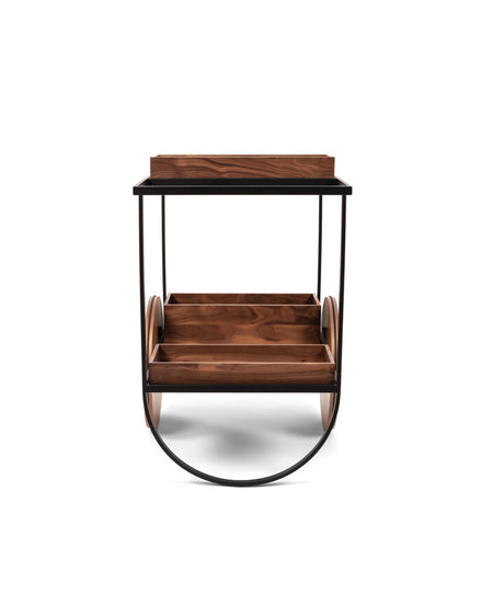 Pinetti – eksklusiv serveringsvogn i bruneret metalramme, valnødstræ, ægte læderhylder og 3 aftagelige bokse (88×56×H78 cm)