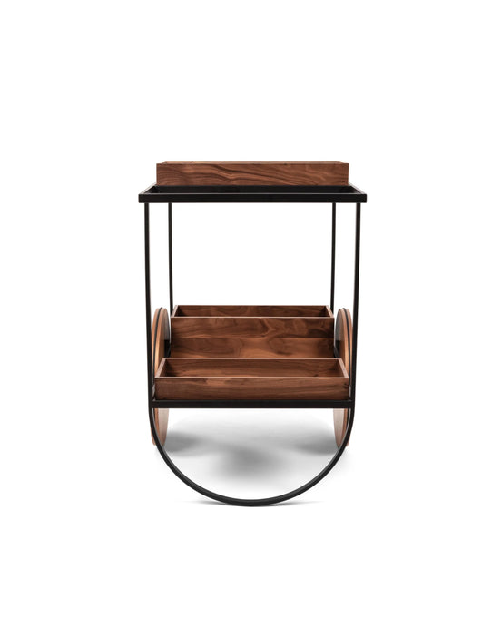 Pinetti – eksklusiv serveringsvogn i bruneret metalramme, valnødstræ, ægte læderhylder og 3 aftagelige bokse (88×56×H78 cm)