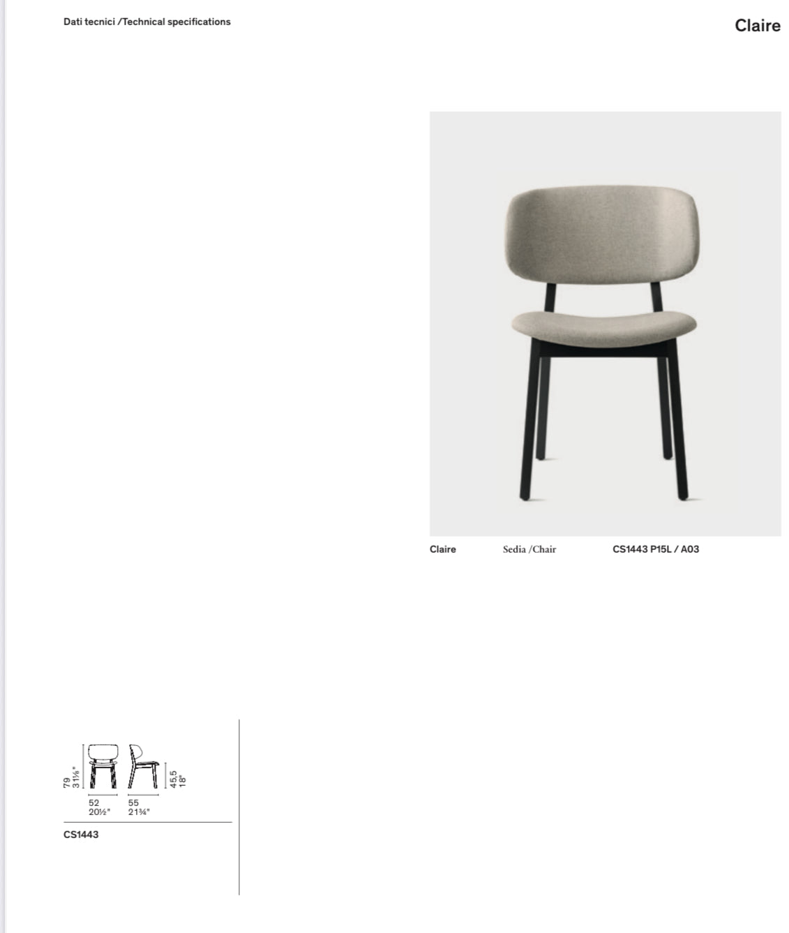 Calligaris CLAIRE Spisebordsstol – polstret stol med sæde og ryg i stof/læder, massiv asketræsramme, designet af Orlandini