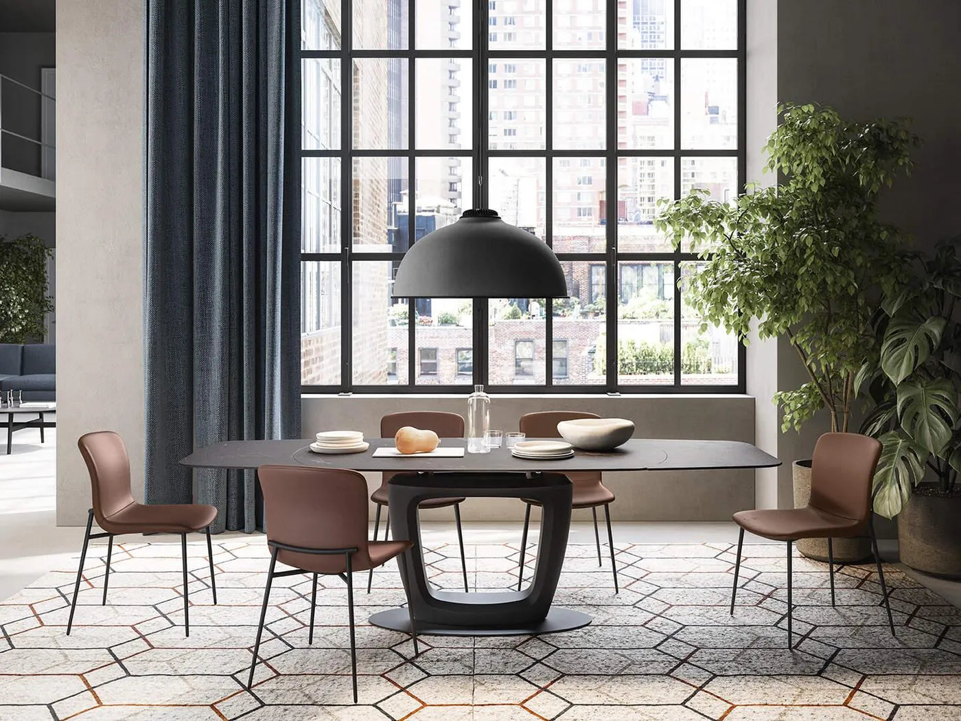 Calligaris ORBITAL – udtrækkeligt spisebord med oval form og central fod, designet af Pininfarina  ￼