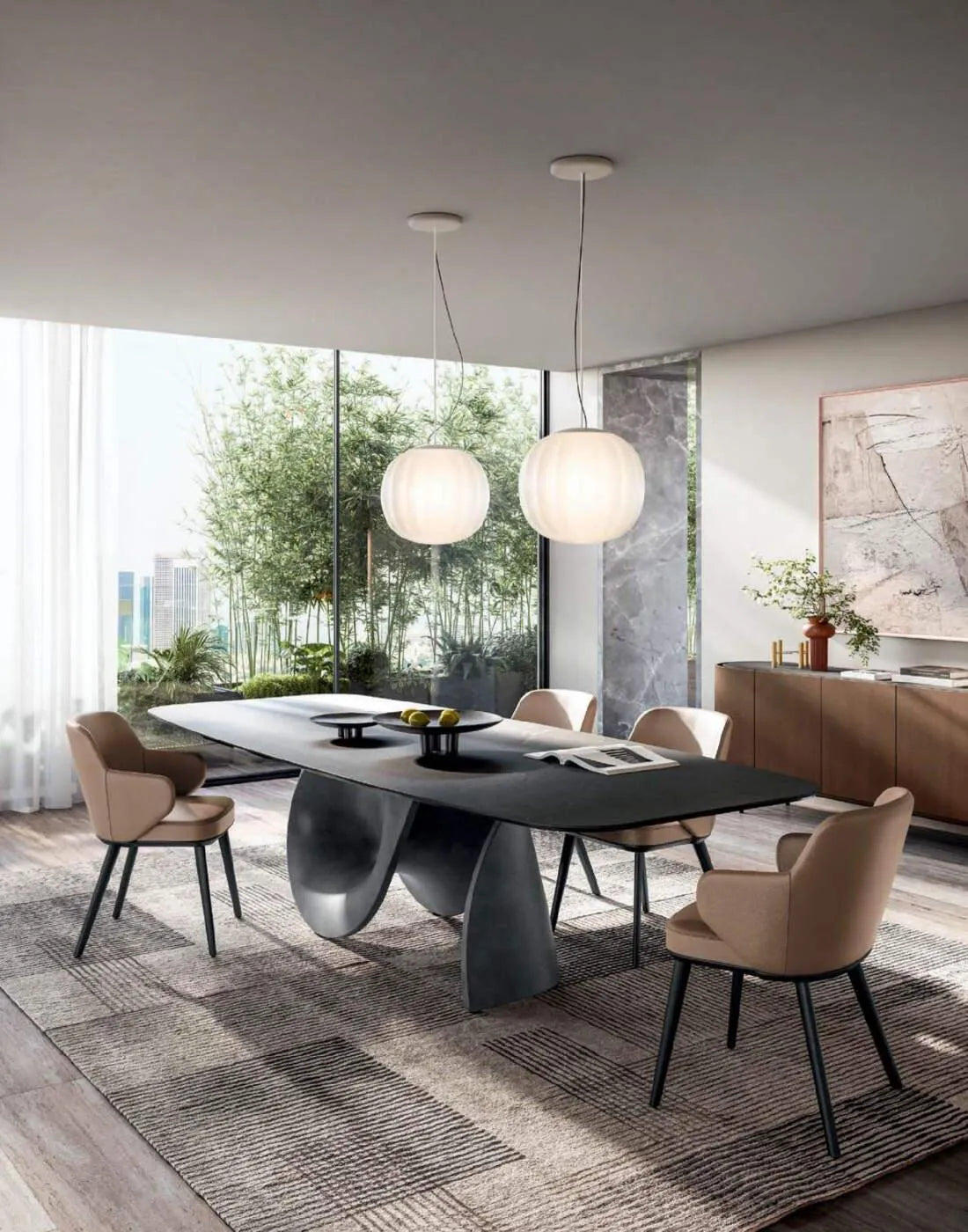 Calligaris SEASHELL – skulpturalt spisebord med base i beton og bordplade i hærdet glas eller keramik, designet af Gino Carollo