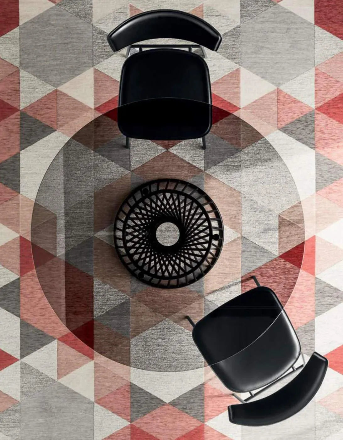 Calligaris VORTEX Bord Ø120 cm – rundt spise-/mødebord i hærdet glas eller glass-keramik med spiralformet metalfod